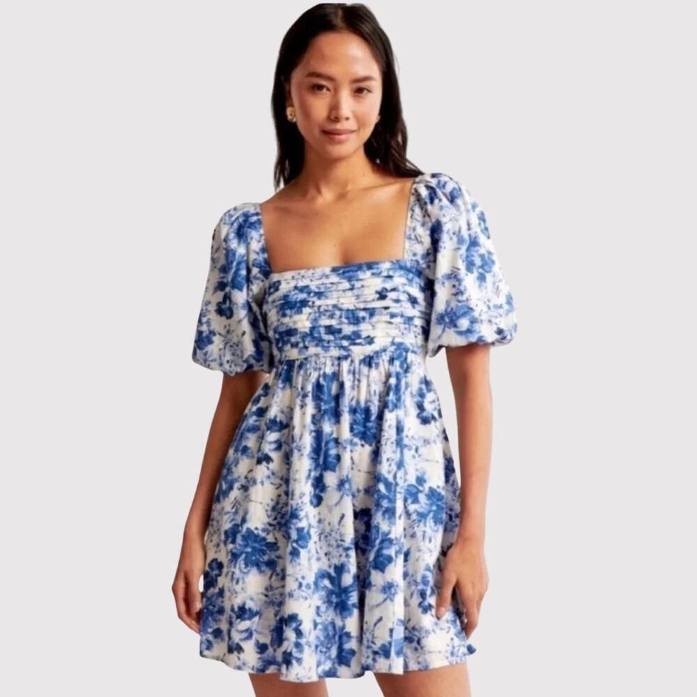 Abercrombie Fitch Mini Dress Blue Emerson Poplin Puff Sleeve Pleated Smocked XS
